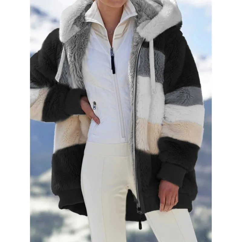Thick Warm Teddy Coat Women Winter Long Sleeve Fluffy Hairy Fake Fur Jackets Female Hooded Zipper Pockets Plus Size Overcoat