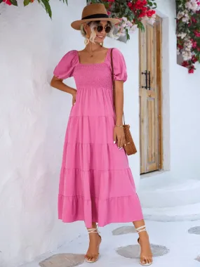 Tiered Midi Dress with Short Sleeves and Smocked