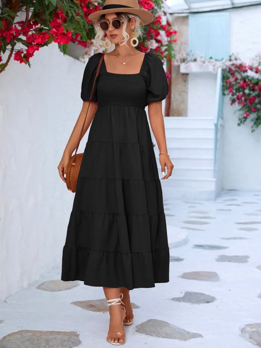 Tiered Midi Dress with Short Sleeves and Smocked