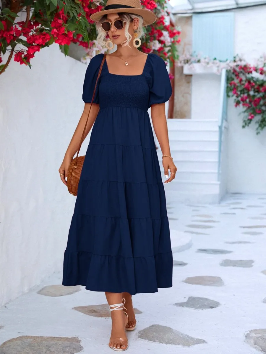 Tiered Midi Dress with Short Sleeves and Smocked
