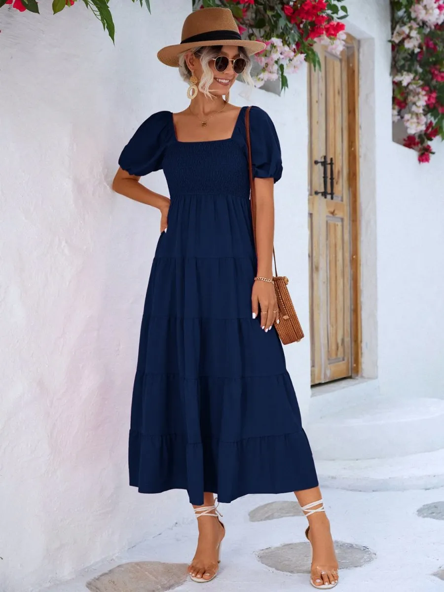 Tiered Midi Dress with Short Sleeves and Smocked