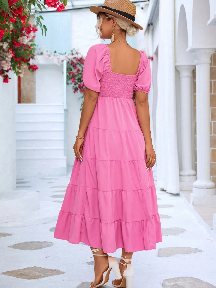 Tiered Midi Dress with Short Sleeves and Smocked