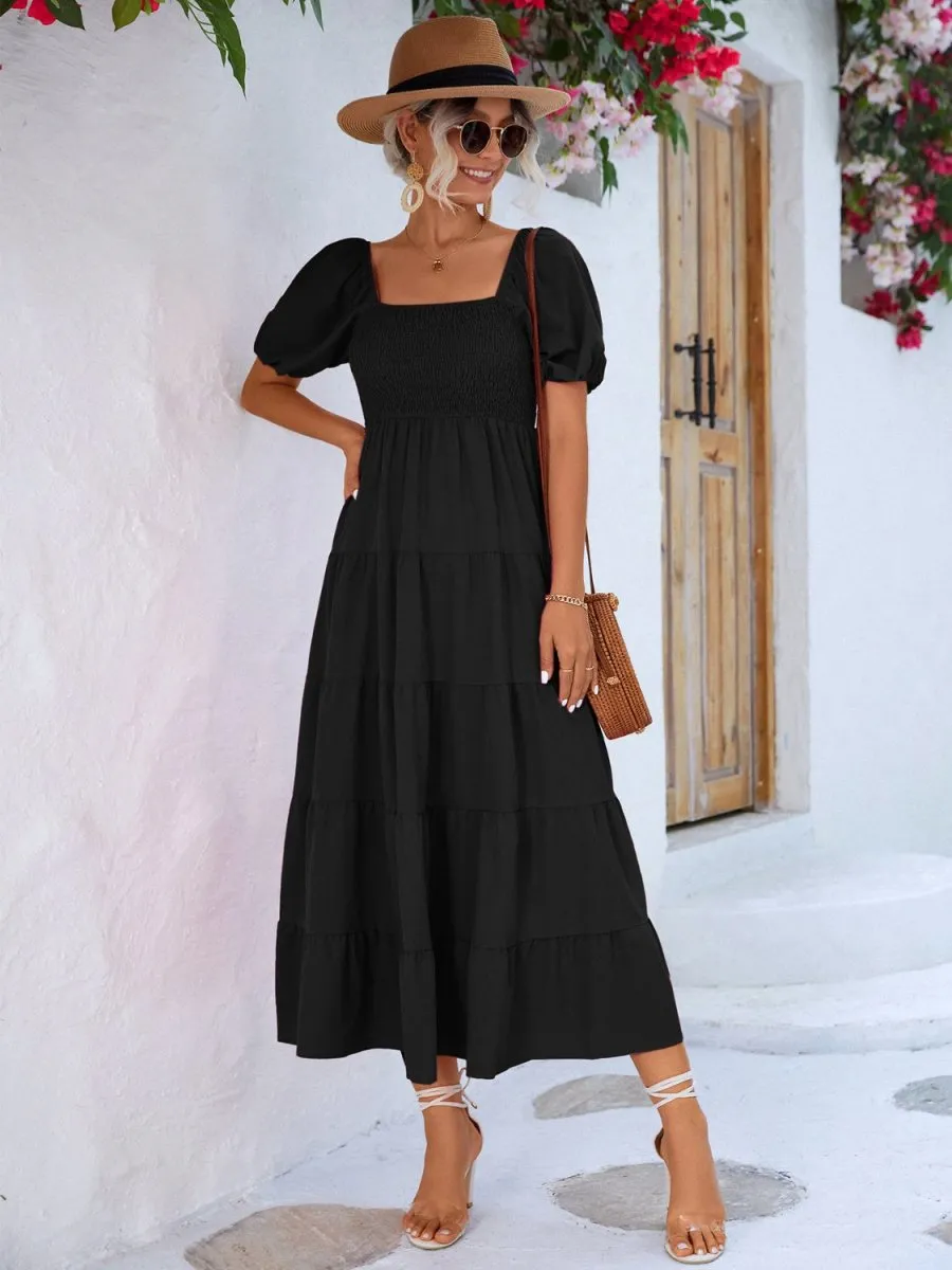 Tiered Midi Dress with Short Sleeves and Smocked