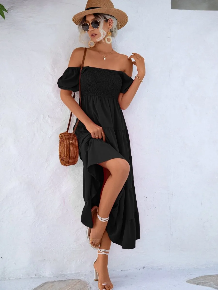 Tiered Midi Dress with Short Sleeves and Smocked