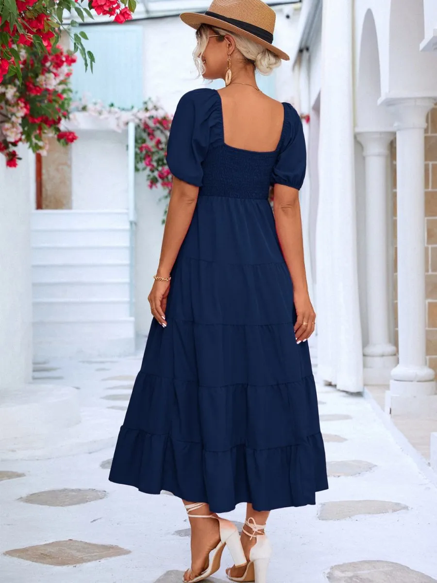 Tiered Midi Dress with Short Sleeves and Smocked