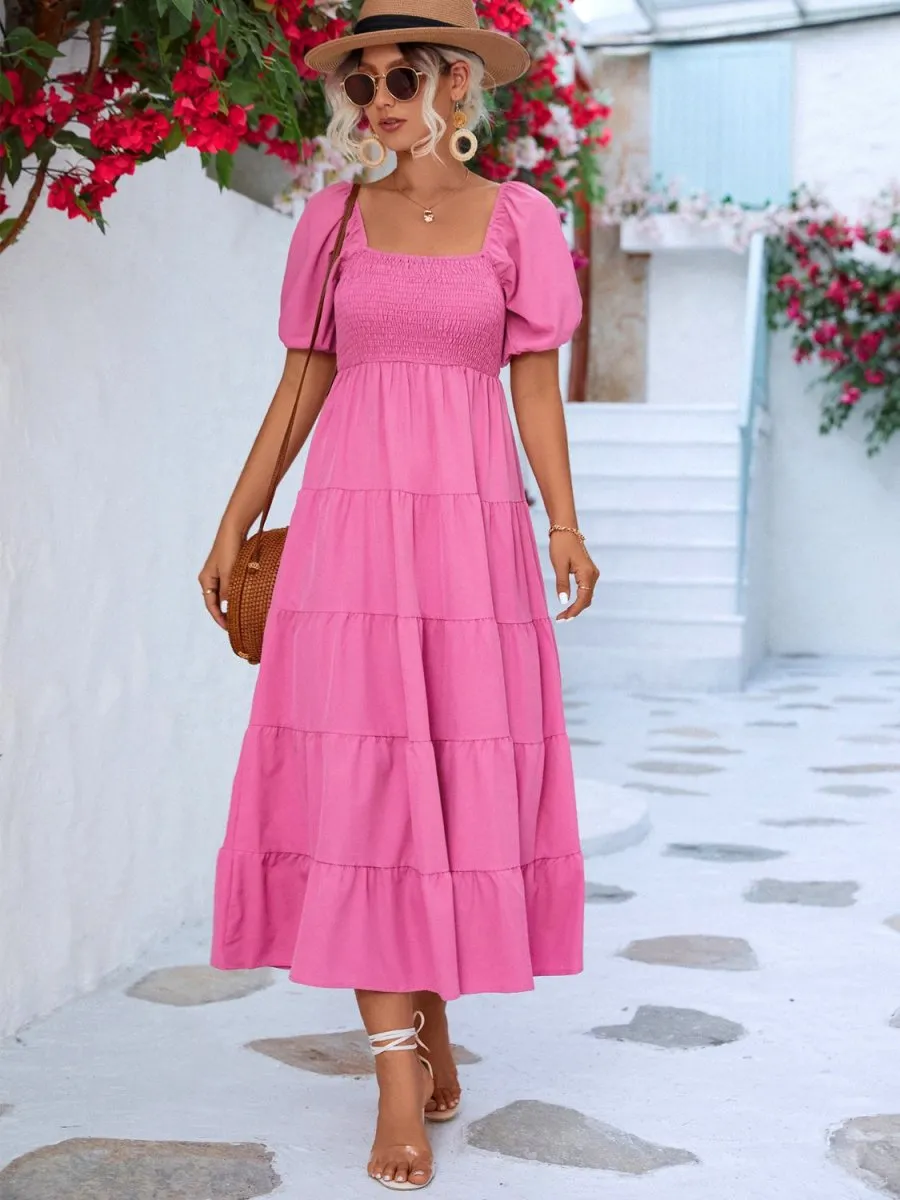 Tiered Midi Dress with Short Sleeves and Smocked