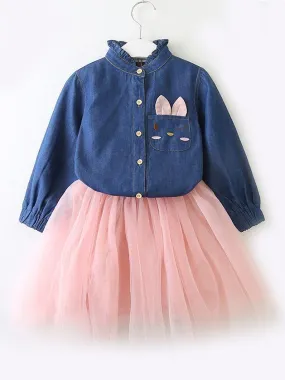 Toddler Big Girl Denim Tulle Patchwork Casual Dress Spring