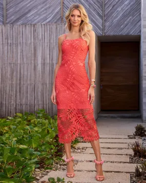 Tropical Lace Midi Dress Hot Coral