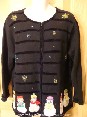 Ugly Christmas Sweater Fuzzy Stripes and Snowmen