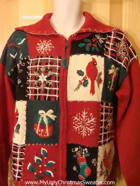 Ugly Christmas Sweater Plaid Blocks Red Cardinals