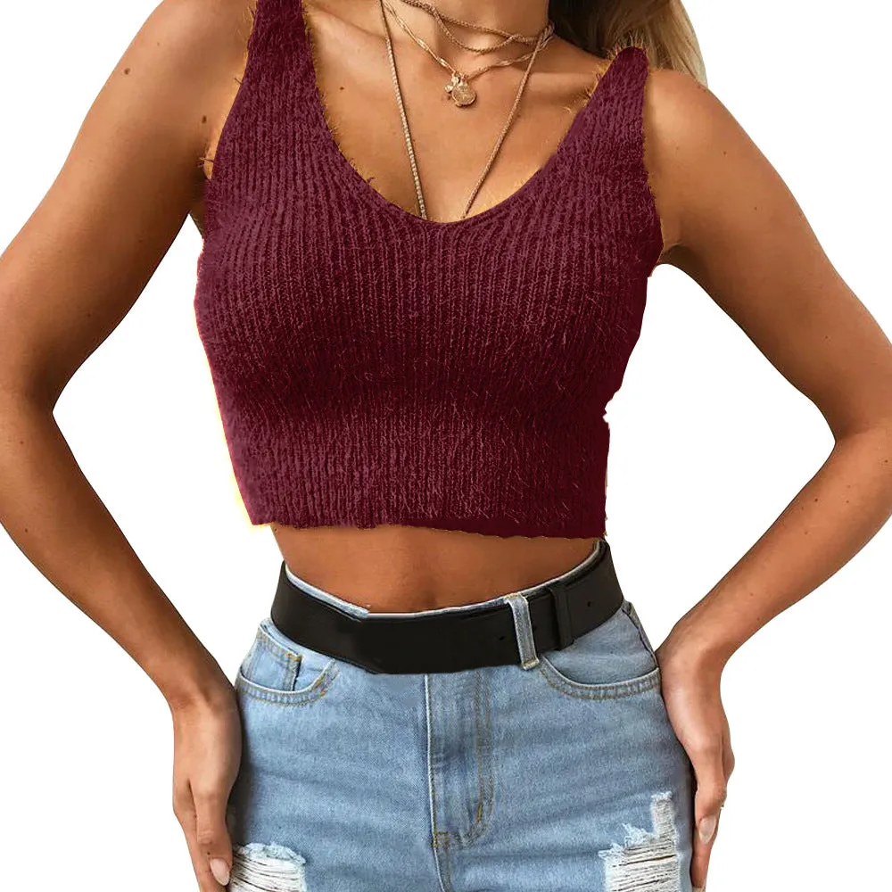 V-neck Hippocampus Hairy Sleeveless Women Vest Crop Top Sweater