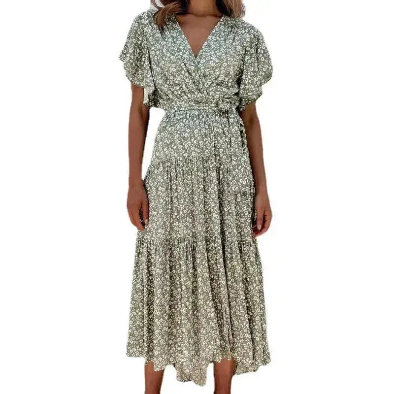 V-neck Lotus Leaf Sleeve Floral Split Dress