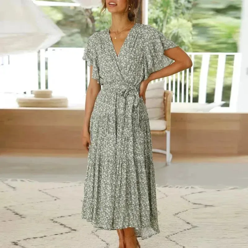 V-neck Lotus Leaf Sleeve Floral Split Dress