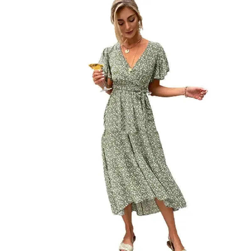 V-neck Lotus Leaf Sleeve Floral Split Dress