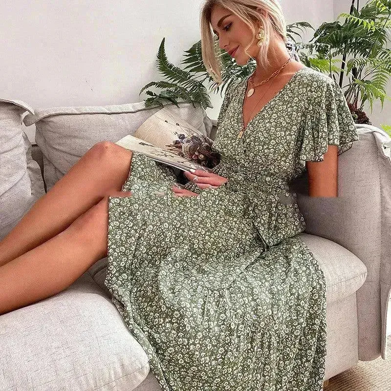 V-neck Lotus Leaf Sleeve Floral Split Dress
