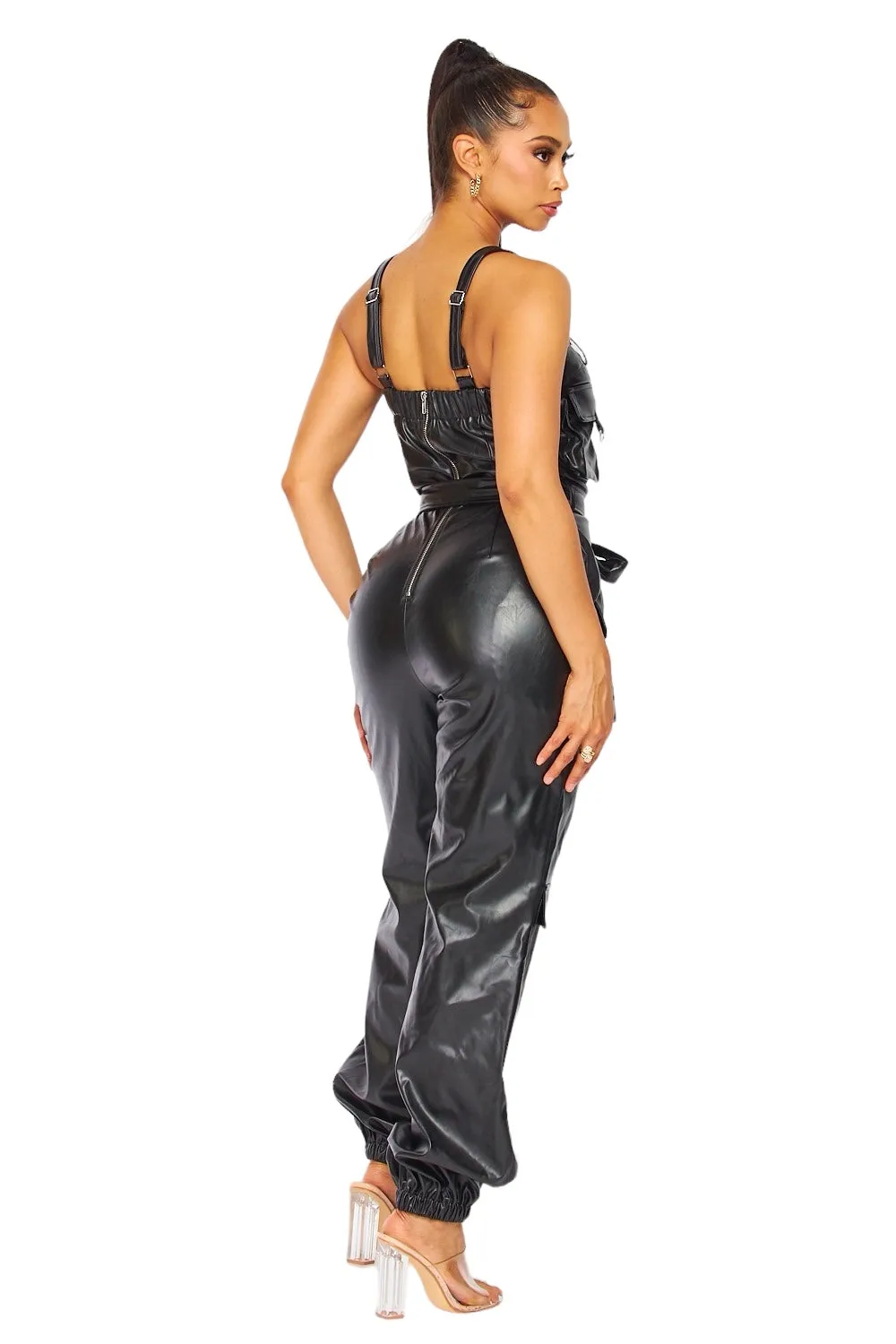 Vegan Leather Cargo Pocket Jogger Jumpsuit