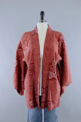 Vintage Brick Red Shibori Silk Kimono Cardigan