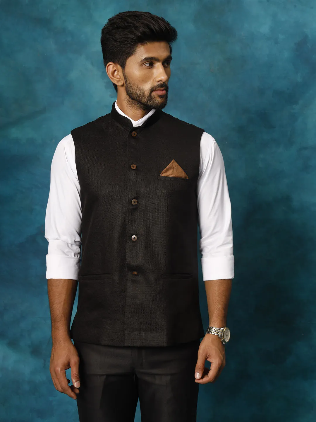 VM BY VASTRAMAY Men's Black Woven Nehru Jacket