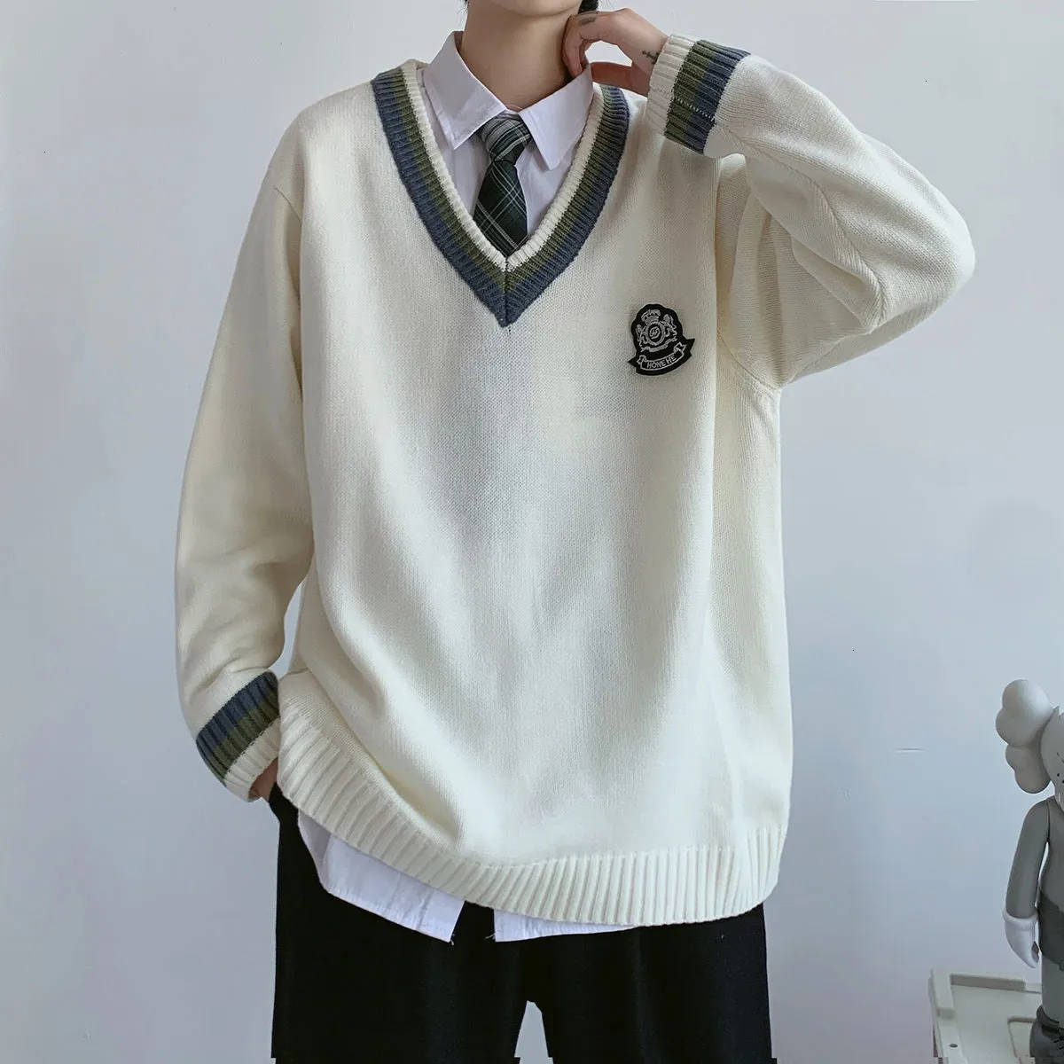Voguable Men's Casual Sweater Oversize JK Knitted V-Neck Pullover Winter Woman Thicken Warm College Pullovers Unisex