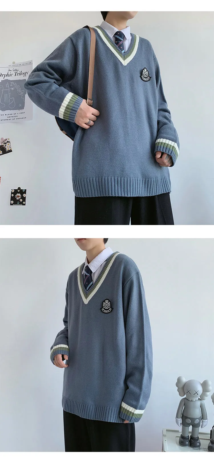 Voguable Men's Casual Sweater Oversize JK Knitted V-Neck Pullover Winter Woman Thicken Warm College Pullovers Unisex