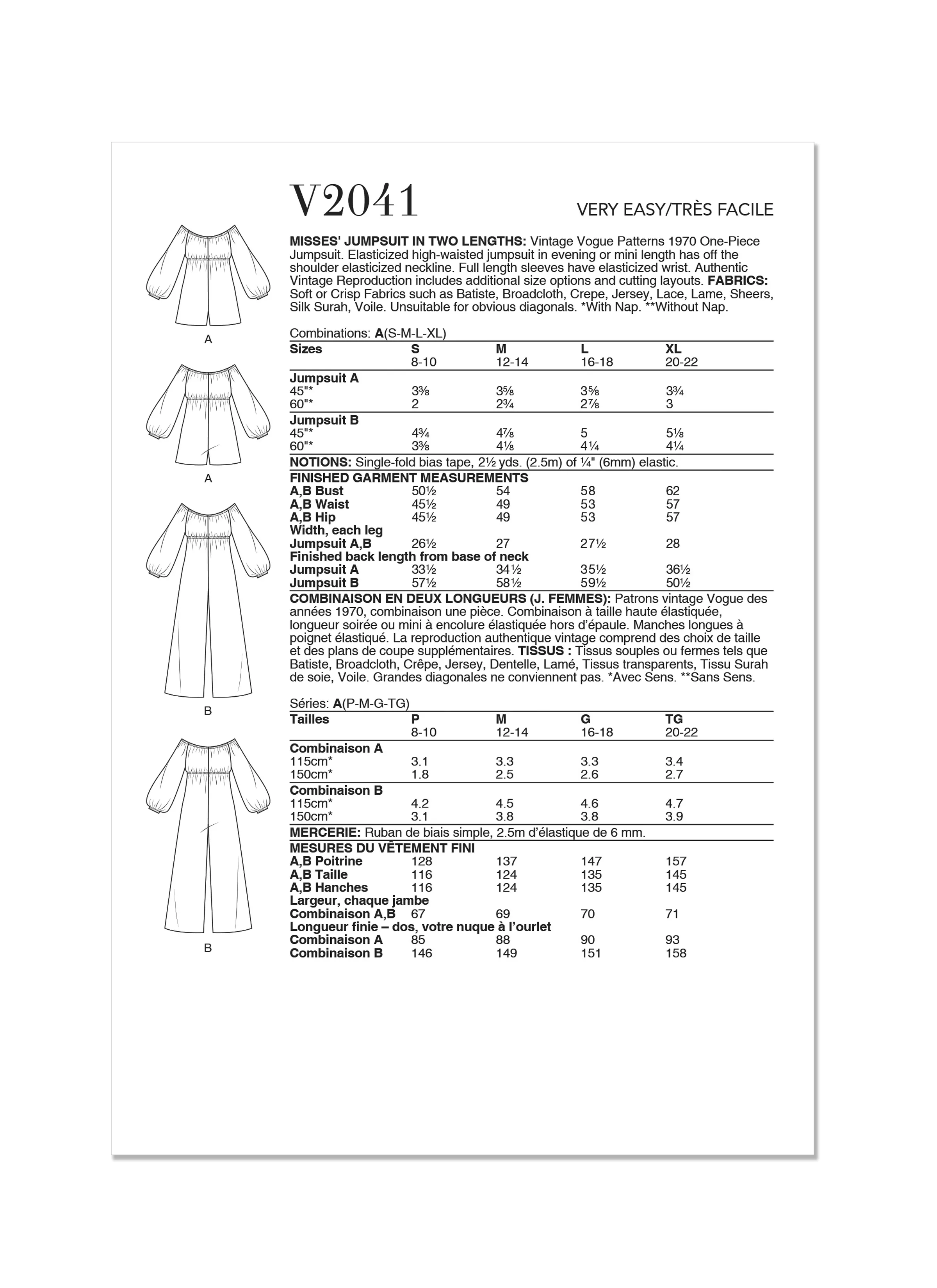 Vogue sewing pattern 2041 Jumpsuit in Two Lengths