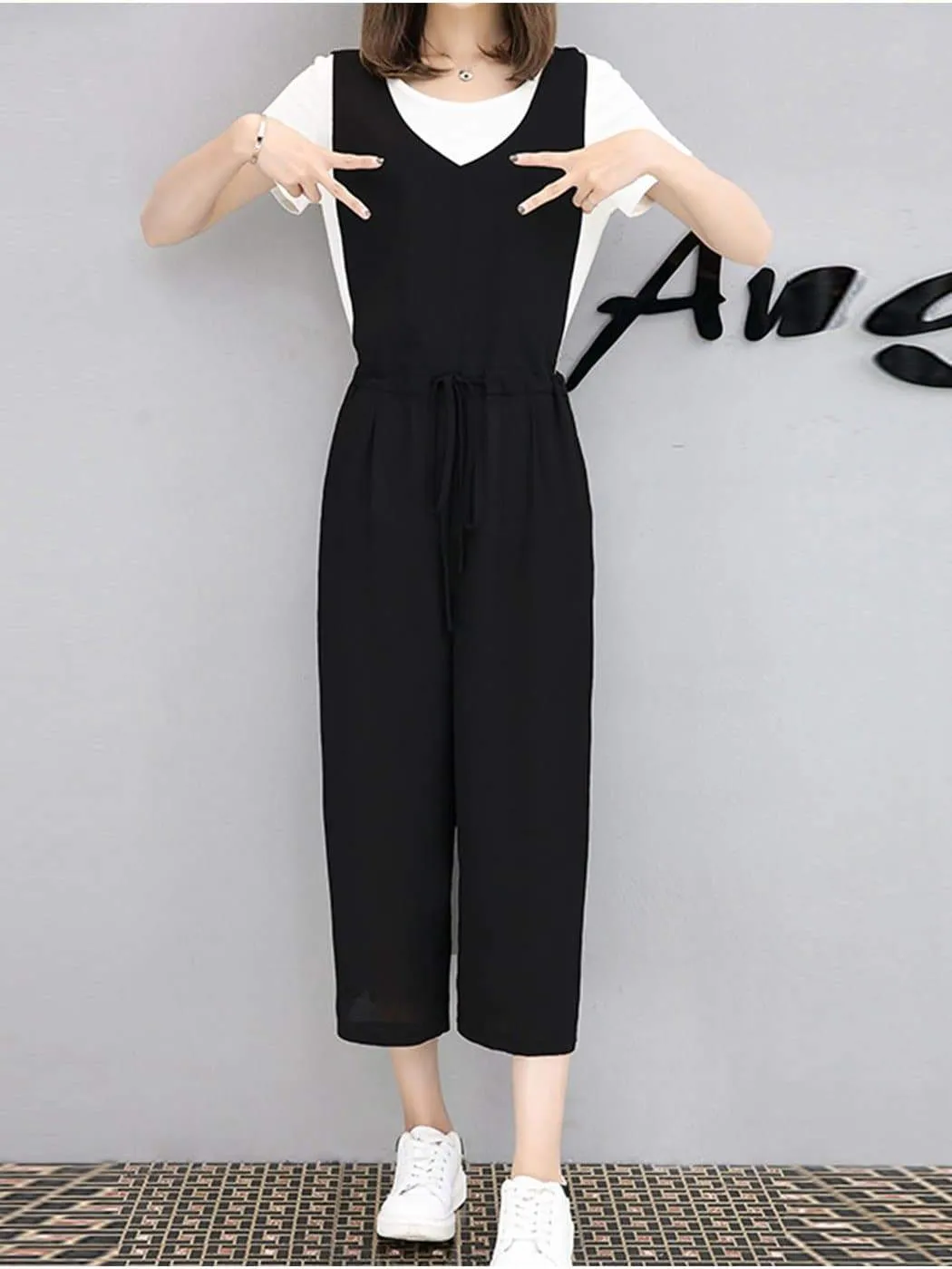 Wide Leg Cropped Overall Jumpsuit