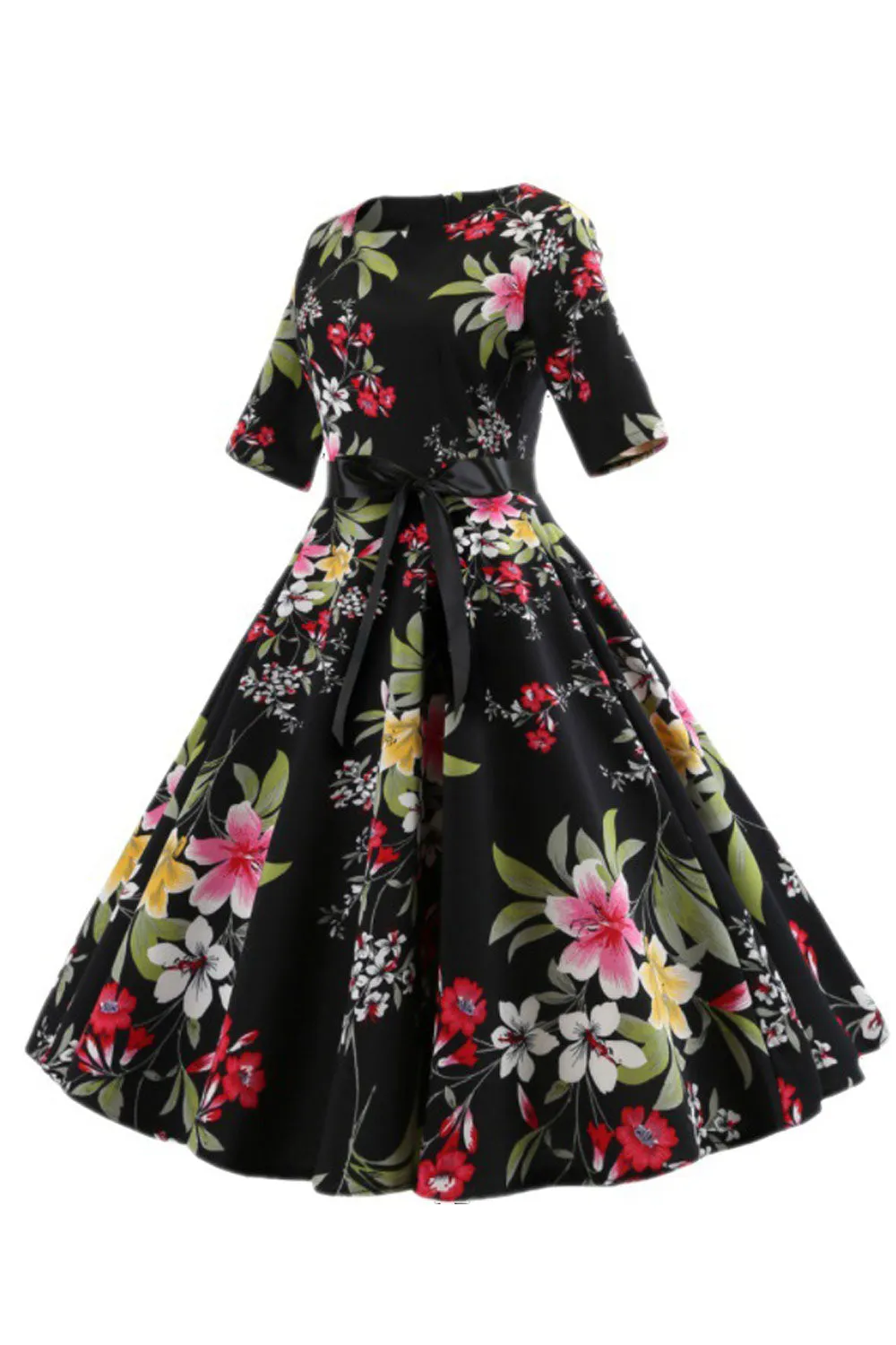 Women Lovely Floral Printed Short Sleeve Round Neck Ribbon Waist Elegant Swing Skirt Dress - WDC60012