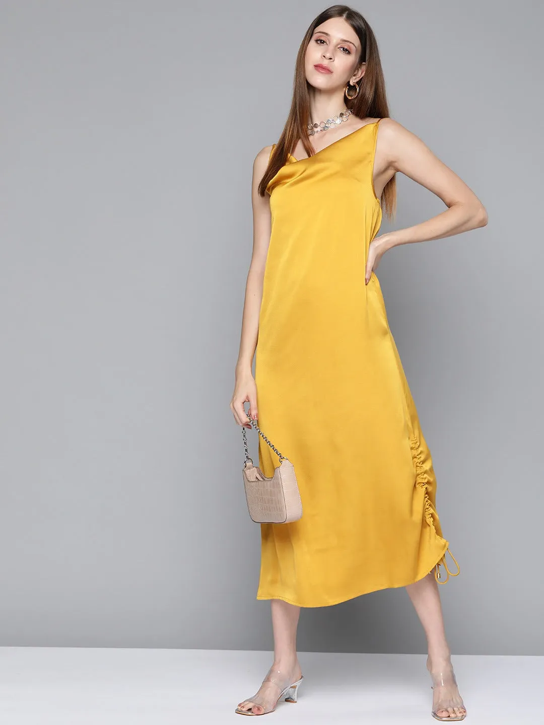 Women Mustard Satin Side Rouching Slip