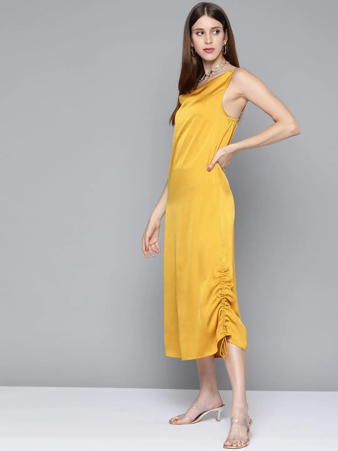 Women Mustard Satin Side Rouching Slip