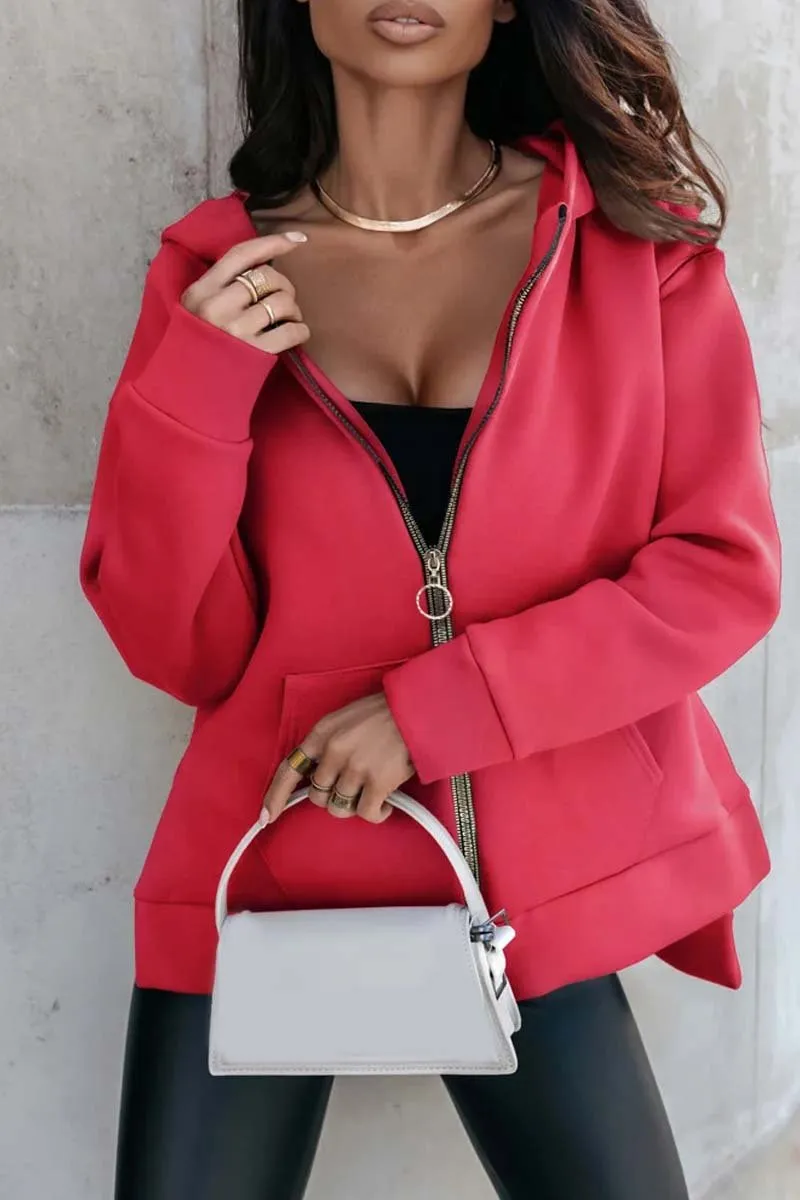 Women's casual sports pocket zipper loose hooded sweatshirt jacket