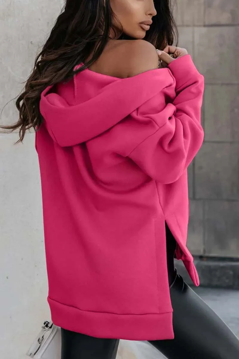 Women's casual sports pocket zipper loose hooded sweatshirt jacket
