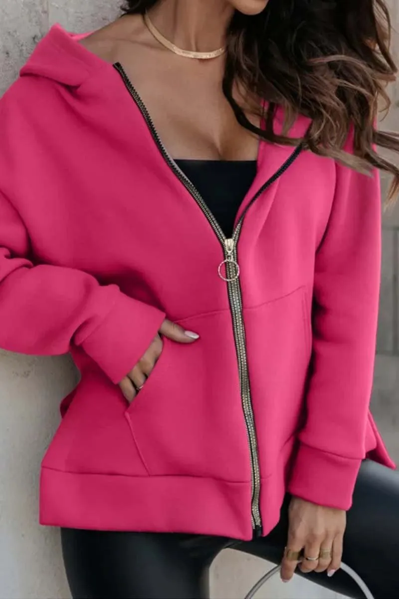 Women's casual sports pocket zipper loose hooded sweatshirt jacket