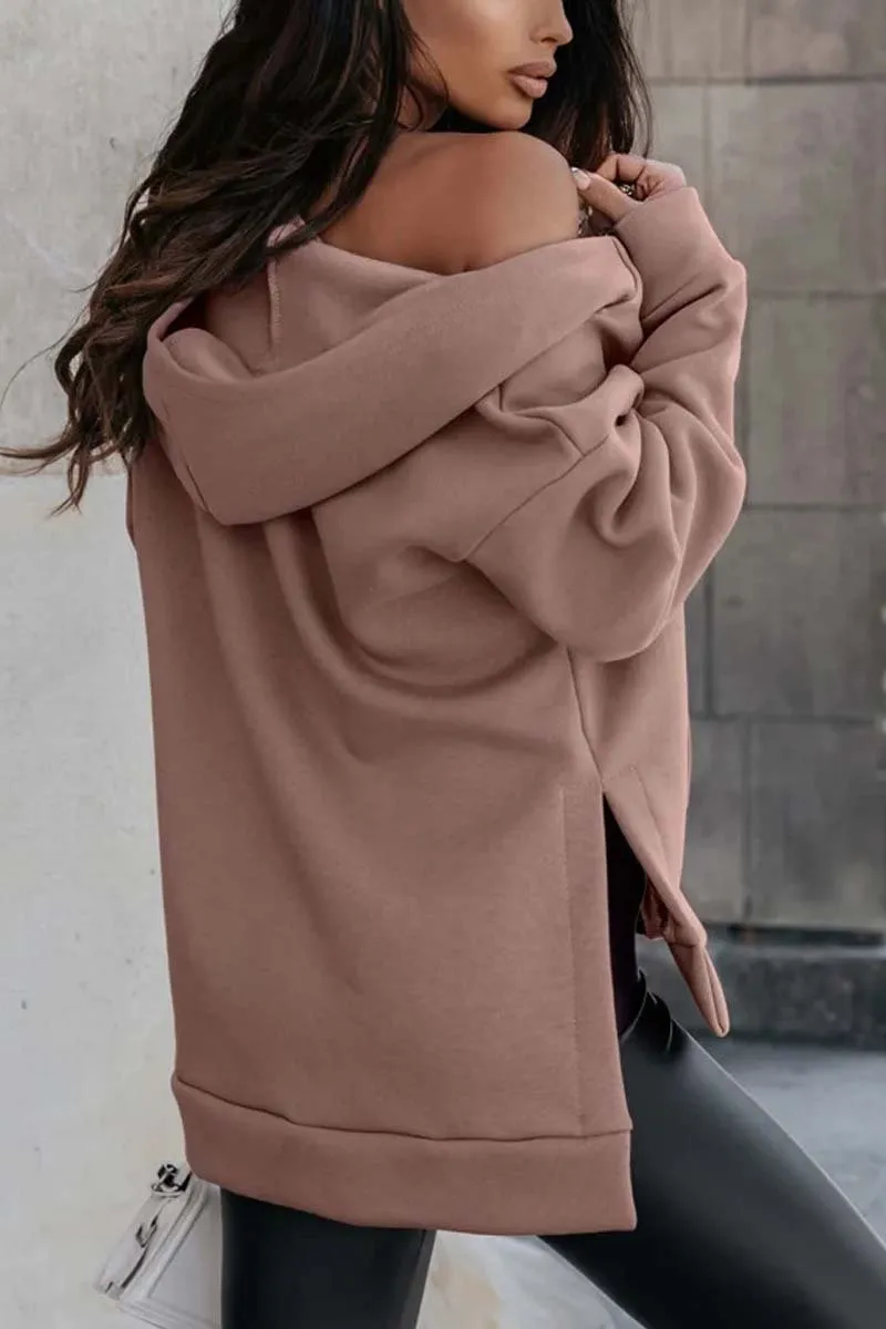 Women's casual sports pocket zipper loose hooded sweatshirt jacket