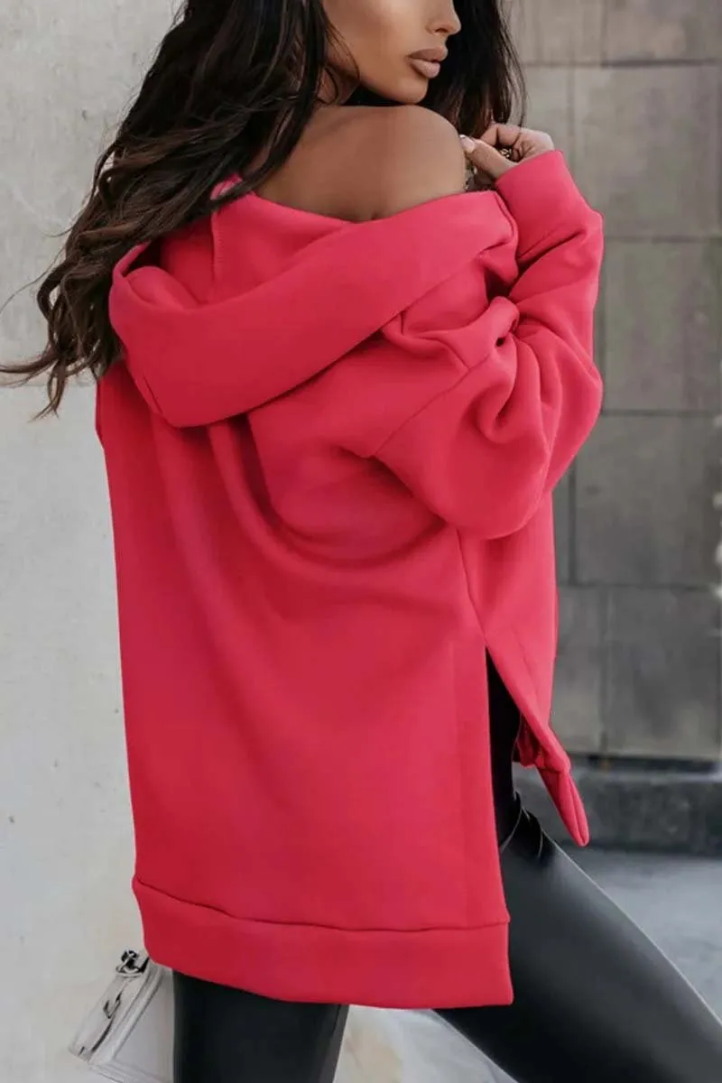 Women's casual sports pocket zipper loose hooded sweatshirt jacket
