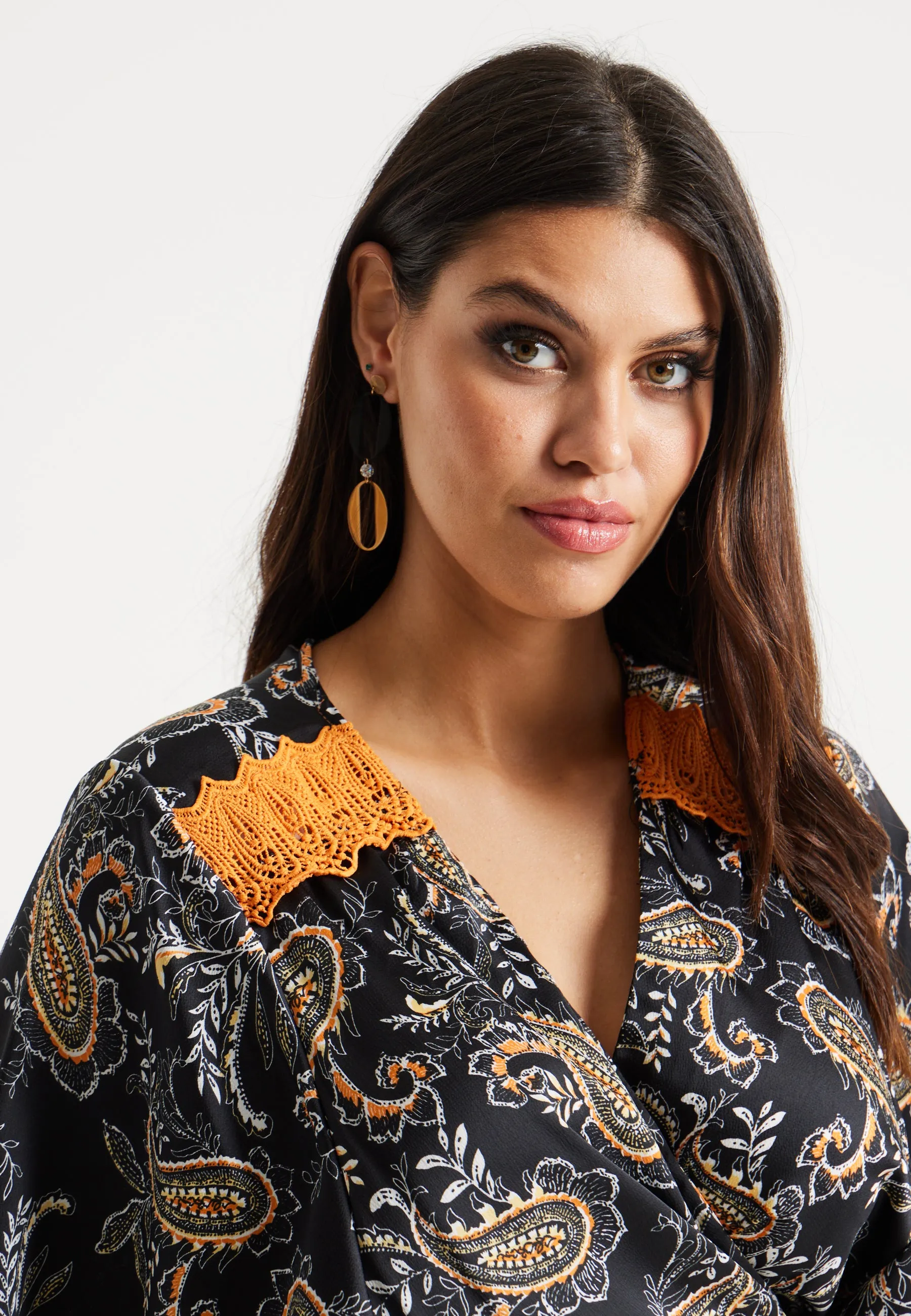 Women’s Maxi Dress with Kimono Sleeves and Orange Lace, Black Floral Print Wrap Design, Elegant Style by Liquorish