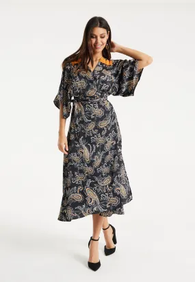 Women’s Maxi Dress with Kimono Sleeves and Orange Lace, Black Floral Print Wrap Design, Elegant Style by Liquorish