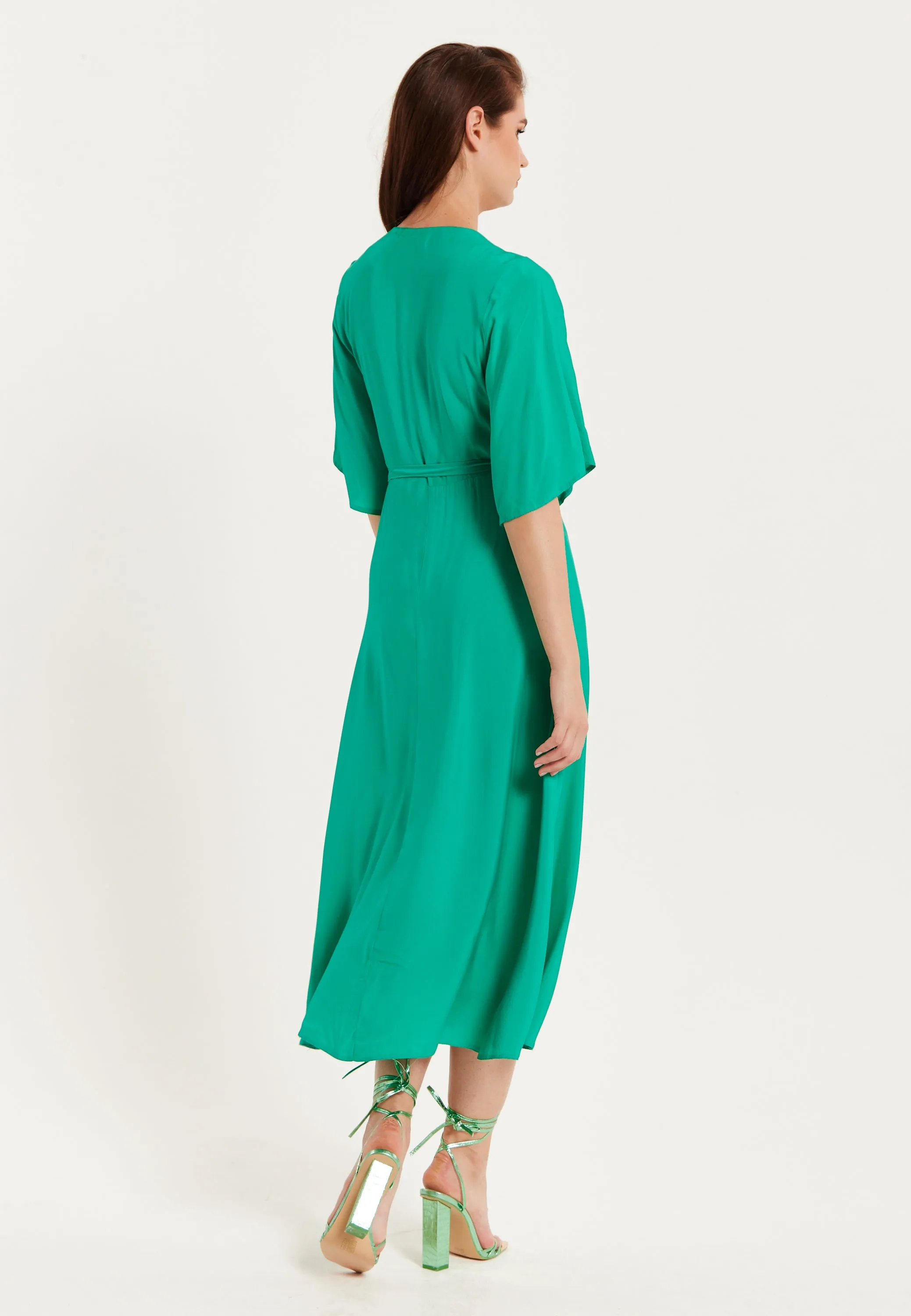 Women's Midi Wrap Dress in Green with Kimono Sleeves and Tie Waist - Stylish and Elegant by Liquorish