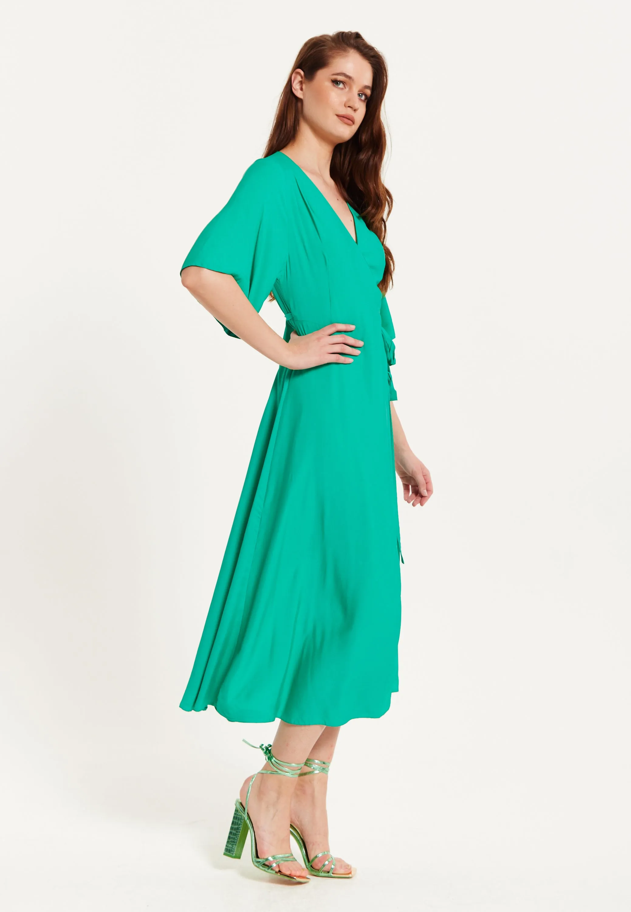 Women's Midi Wrap Dress in Green with Kimono Sleeves and Tie Waist - Stylish and Elegant by Liquorish