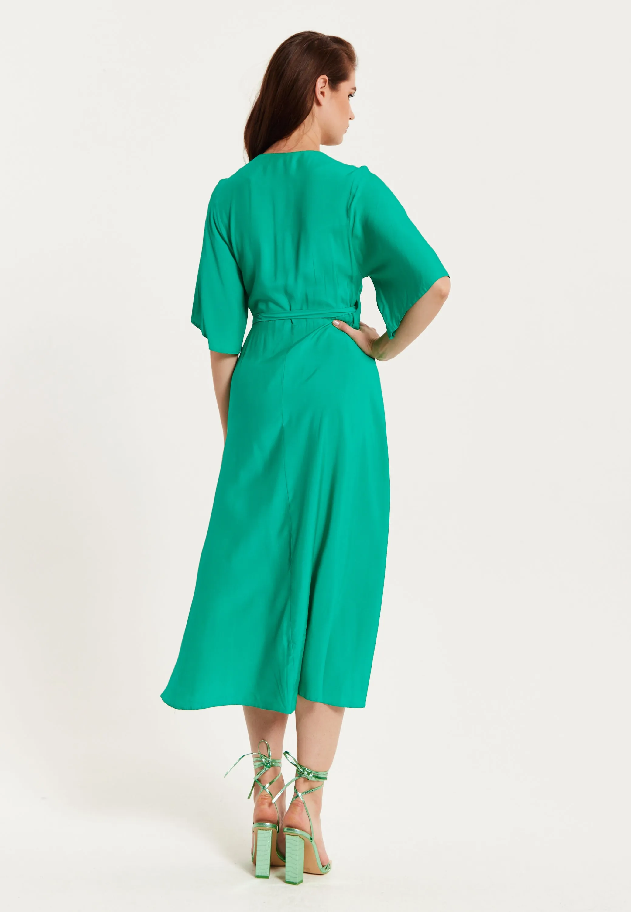Women's Midi Wrap Dress in Green with Kimono Sleeves and Tie Waist - Stylish and Elegant by Liquorish