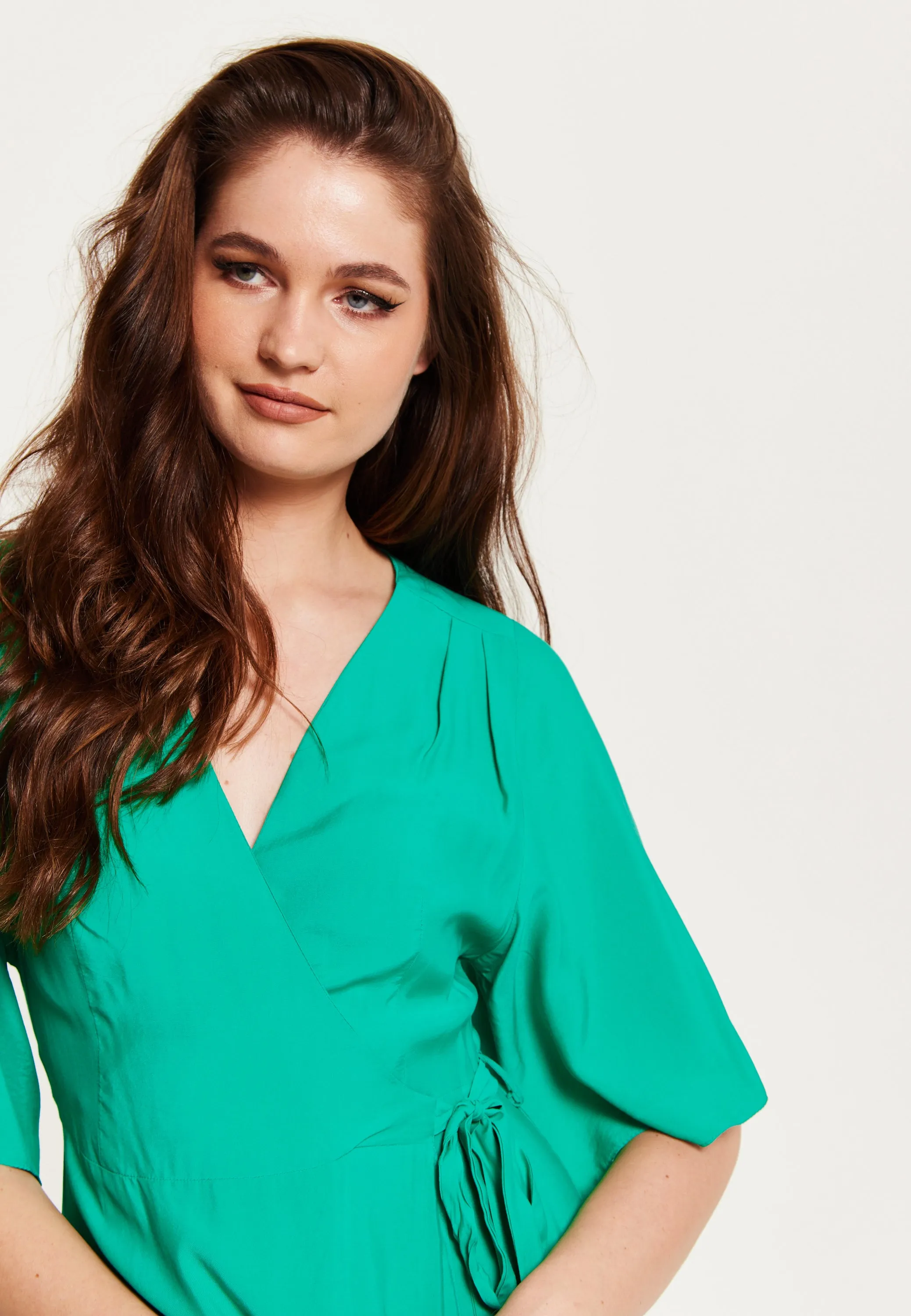 Women's Midi Wrap Dress in Green with Kimono Sleeves and Tie Waist - Stylish and Elegant by Liquorish