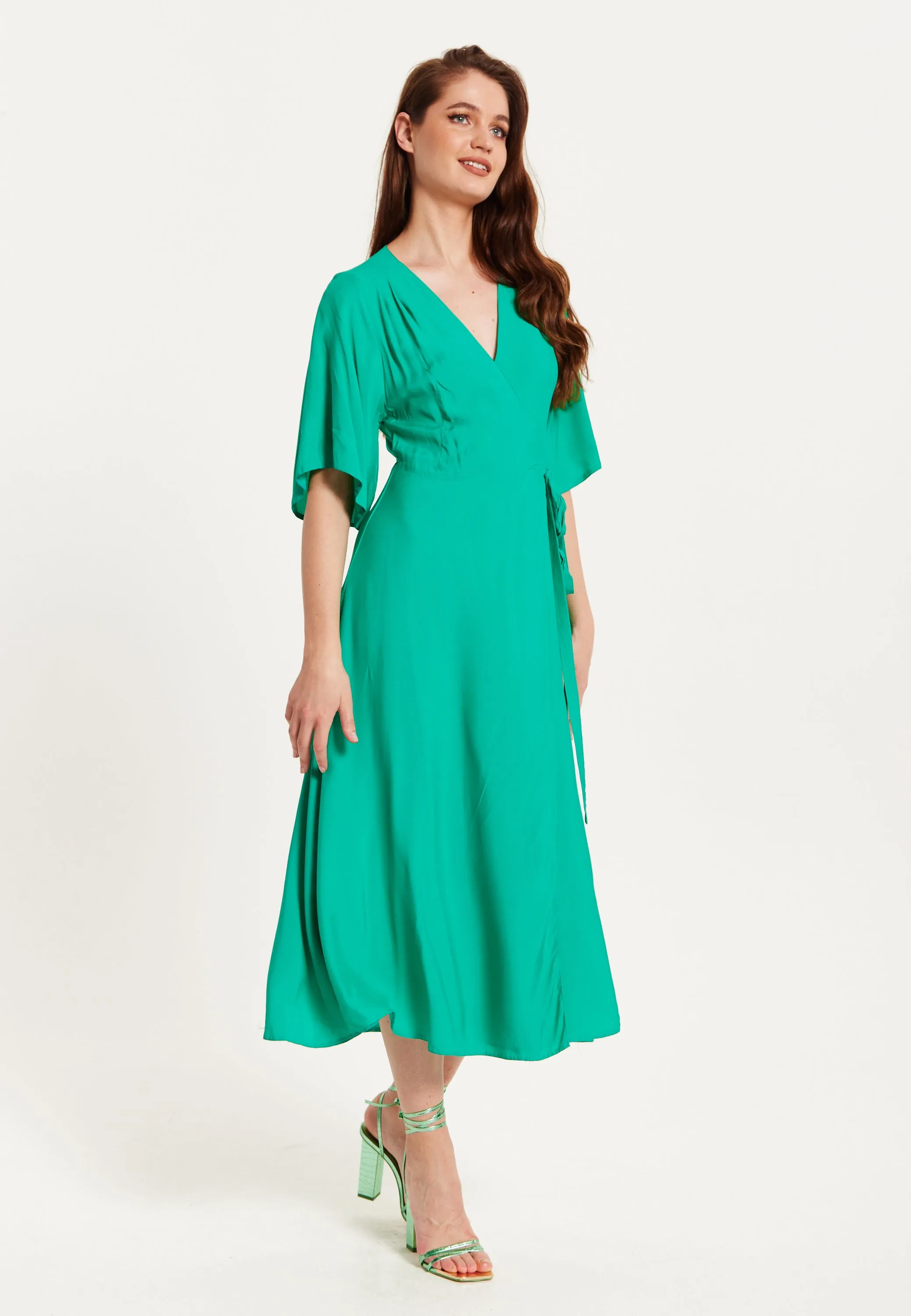 Women's Midi Wrap Dress in Green with Kimono Sleeves and Tie Waist - Stylish and Elegant by Liquorish