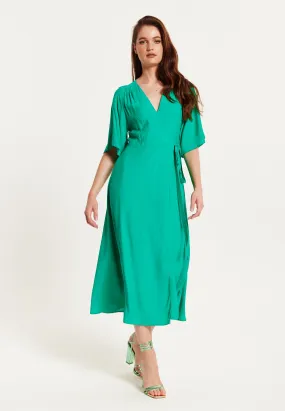 Women's Midi Wrap Dress in Green with Kimono Sleeves and Tie Waist - Stylish and Elegant by Liquorish