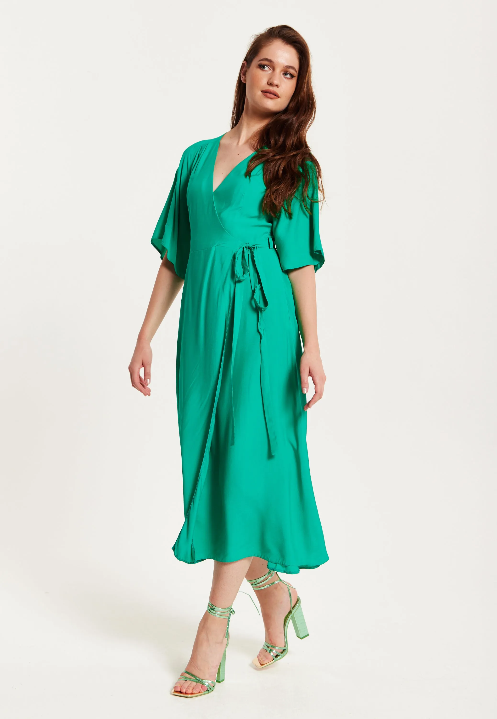 Women's Midi Wrap Dress in Green with Kimono Sleeves and Tie Waist - Stylish and Elegant by Liquorish