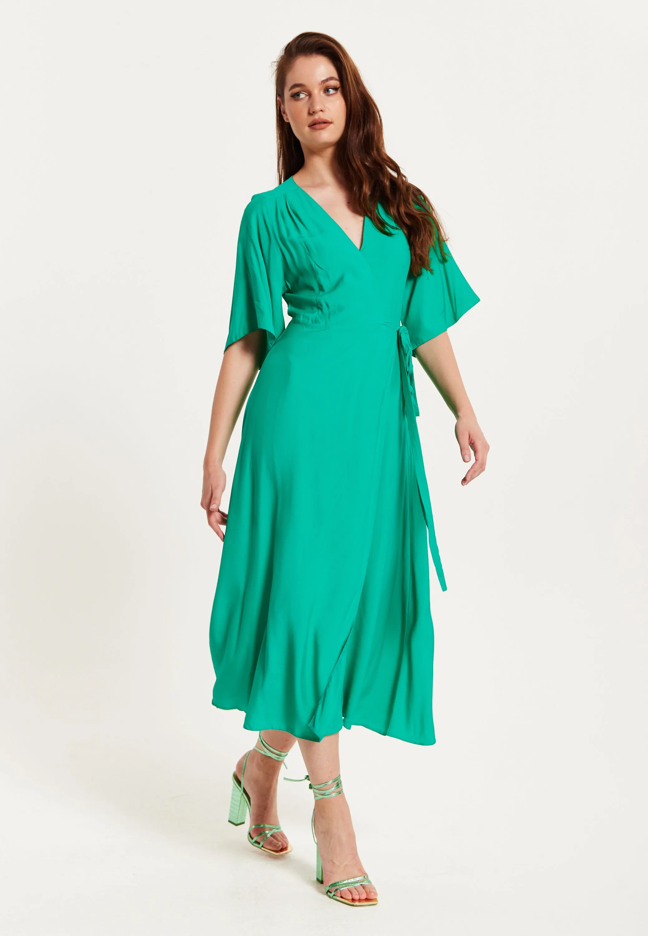 Women's Midi Wrap Dress in Green with Kimono Sleeves and Tie Waist - Stylish and Elegant by Liquorish