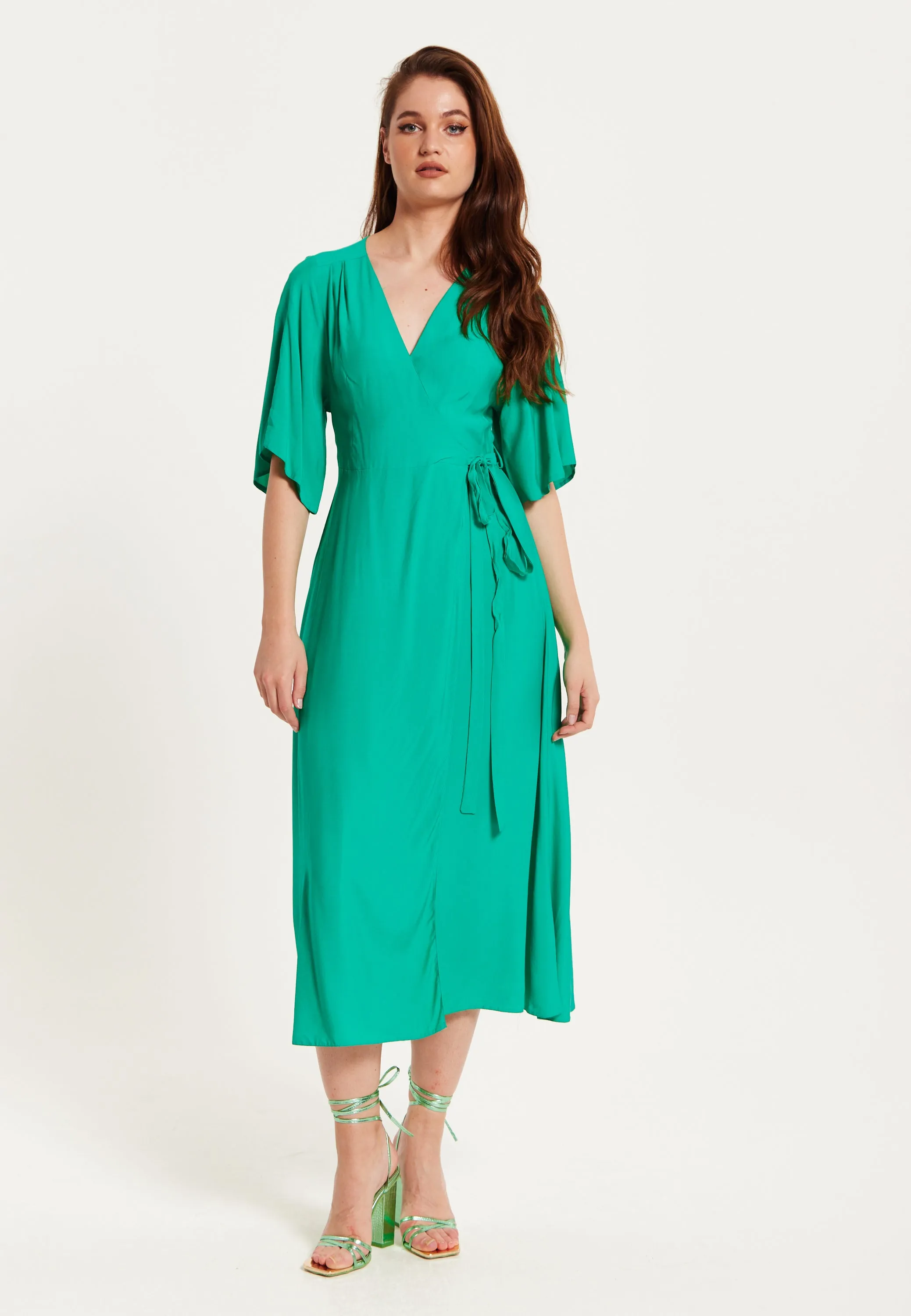 Women's Midi Wrap Dress in Green with Kimono Sleeves and Tie Waist - Stylish and Elegant by Liquorish