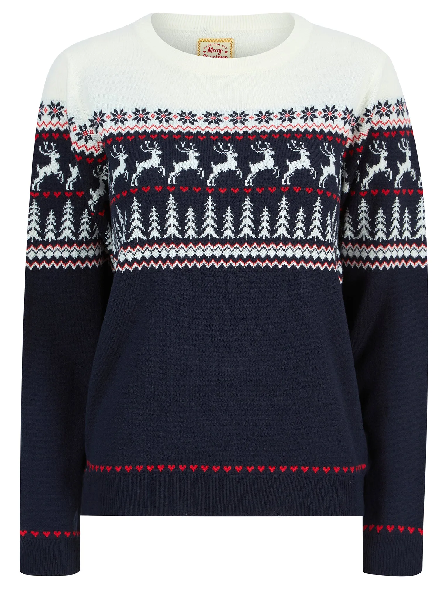 Women's Reindeer Heart Nordic Fairisle Novelty Christmas Jumper in Ink - Merry Christmas