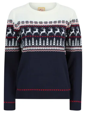 Women's Reindeer Heart Nordic Fairisle Novelty Christmas Jumper in Ink - Merry Christmas