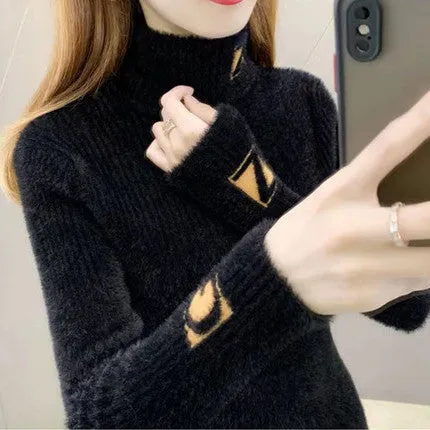 Women's Turtleneck Sweater Mink Fur Letter Jacquard