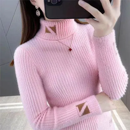 Women's Turtleneck Sweater Mink Fur Letter Jacquard
