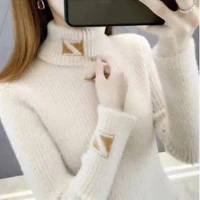 Women's Turtleneck Sweater Mink Fur Letter Jacquard